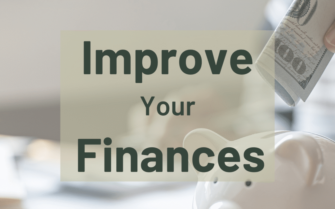 Person putting a rolled US dollar bill into a white piggy bank with text overlay reading 'Improve Your Finances'